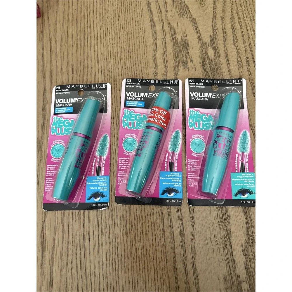 3X Maybelline Volum' Express The Mega Plush Mascara Waterproof Very Black READ!